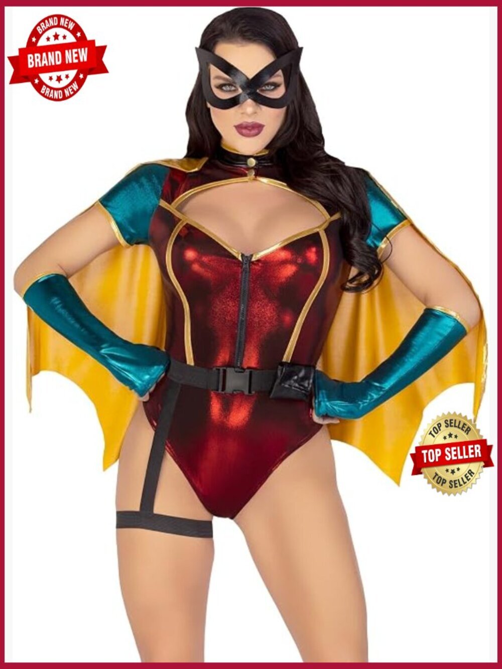 5 Piece Women's Superhero Costume With Cape, Gloves, Mask